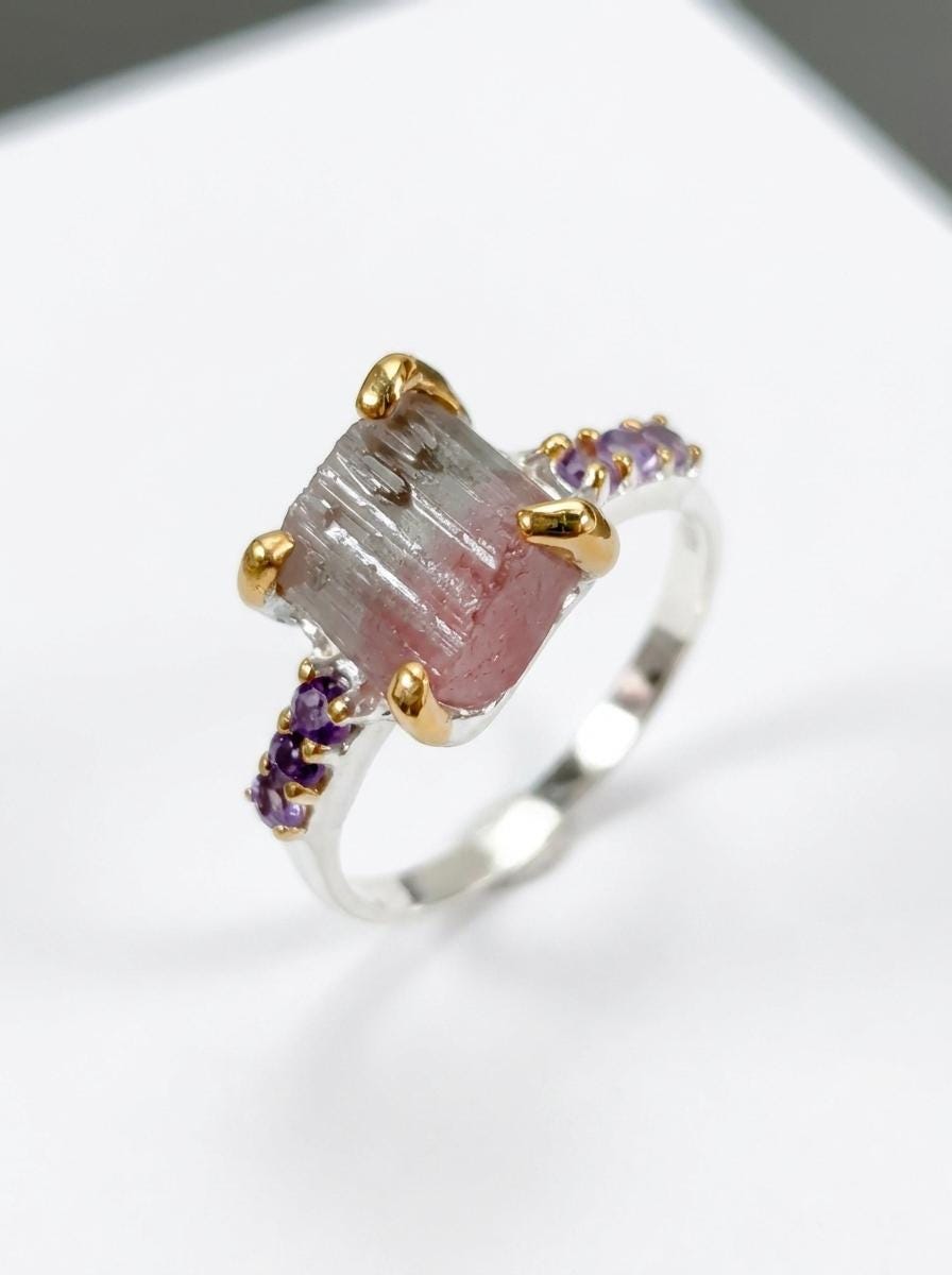 925 silver raw tourmaline ring, bi-color watermelon gemstone rough crystal jewelry