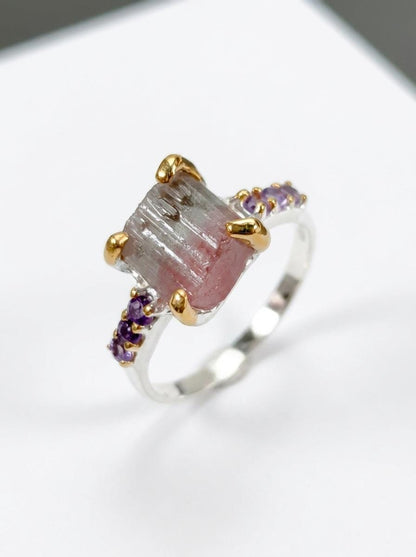 925 silver raw tourmaline ring, bi-color watermelon gemstone rough crystal jewelry