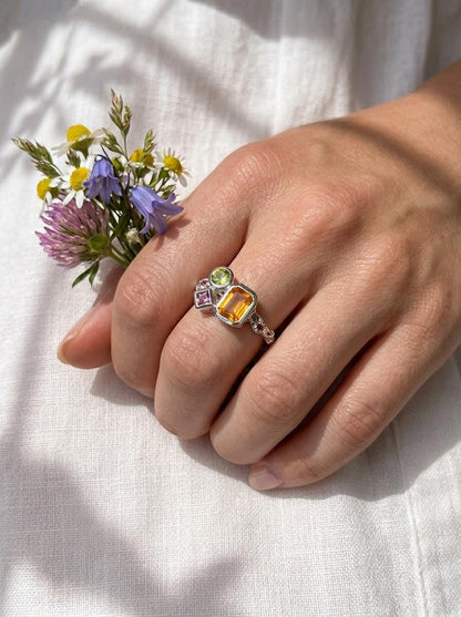 925 silver citrine cluster ring, geometric yellow green gemstone branch unique jewelry