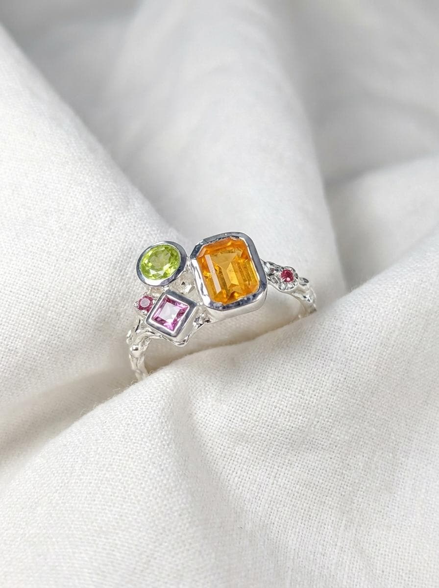 925 silver citrine cluster ring, geometric yellow green gemstone branch unique jewelry