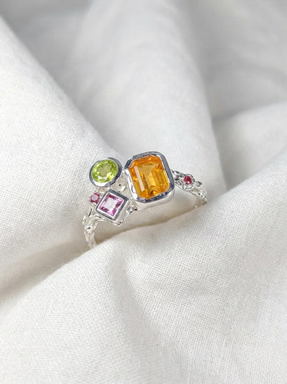 925 silver citrine cluster ring, geometric yellow green gemstone branch unique jewelry