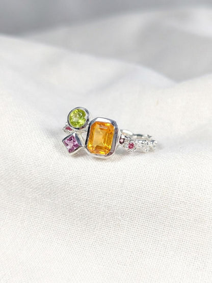 925 silver citrine cluster ring, geometric yellow green gemstone branch unique jewelry