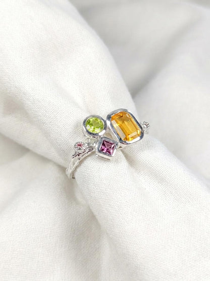 925 silver citrine cluster ring, geometric yellow green gemstone branch unique jewelry