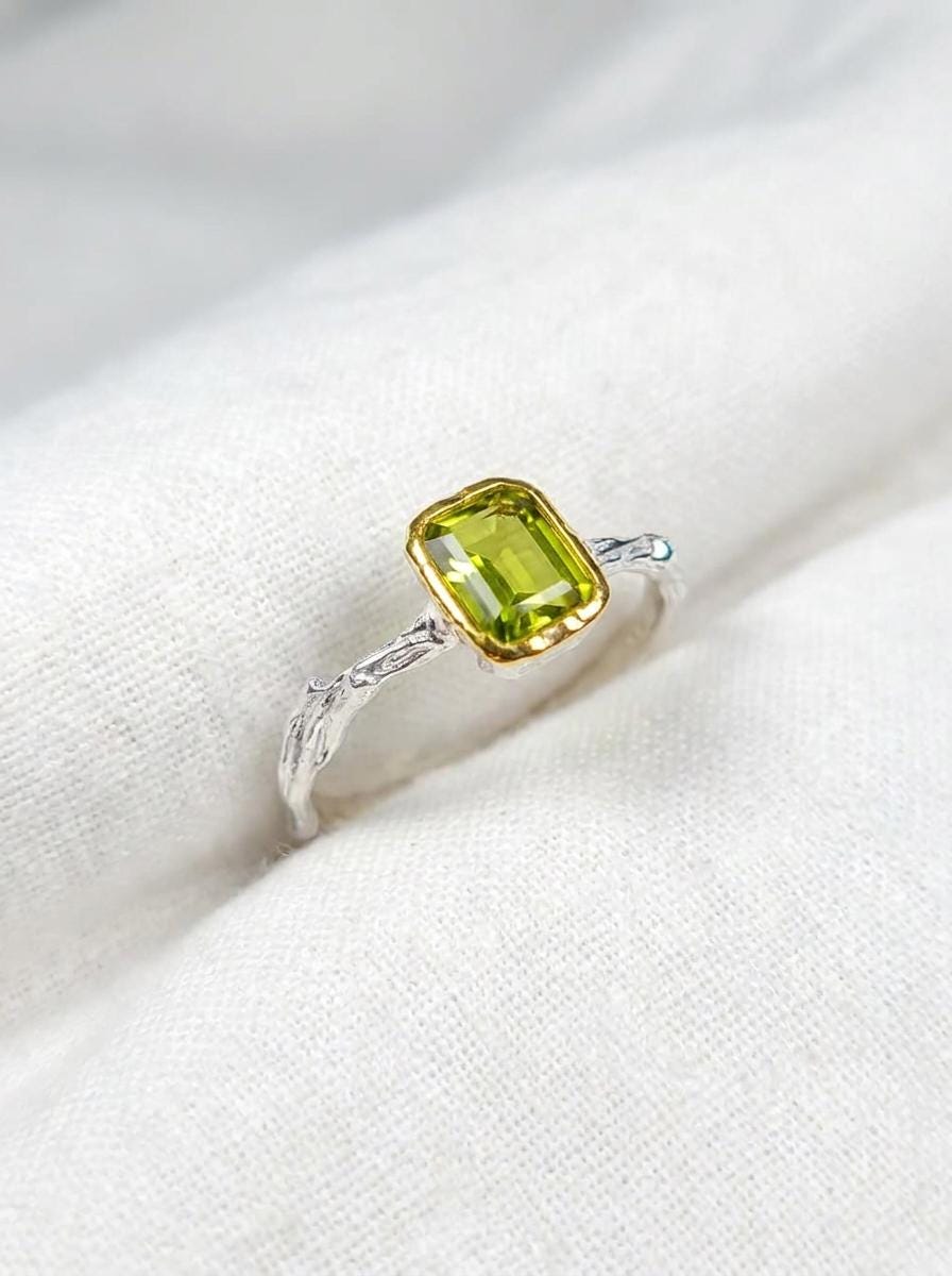 925 silver peridot solitaire ring, geometric green gemstone branch unique jewelry