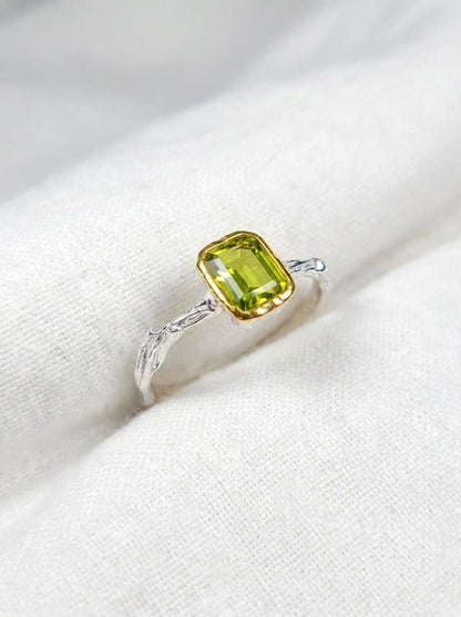 925 silver peridot solitaire ring, geometric green gemstone branch unique jewelry