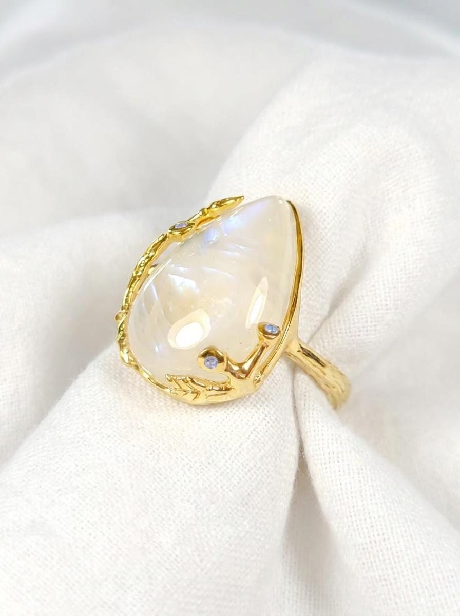 925 silver moonstone ring, teardrop gemstone nature branch statement jewelry
