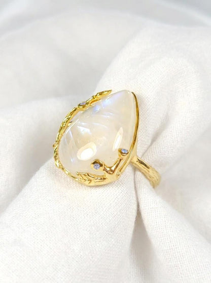 925 silver moonstone ring, teardrop gemstone nature branch statement jewelry