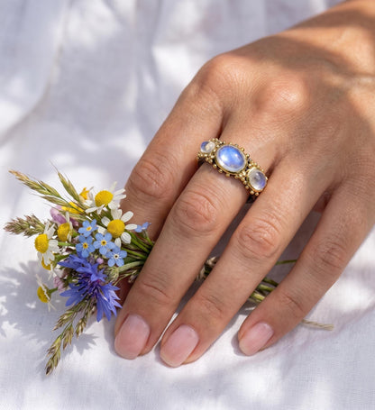925 silver moonstone ring, three stone cluster gemstone statement jewelry