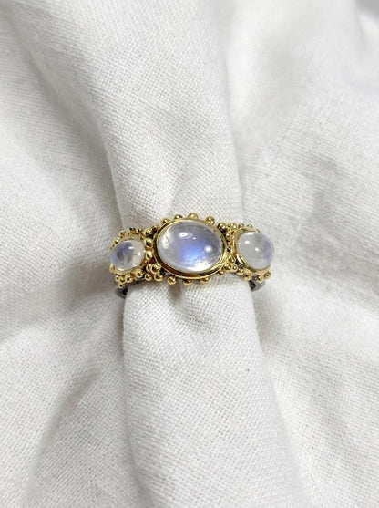 925 silver moonstone ring, three stone cluster gemstone statement jewelry