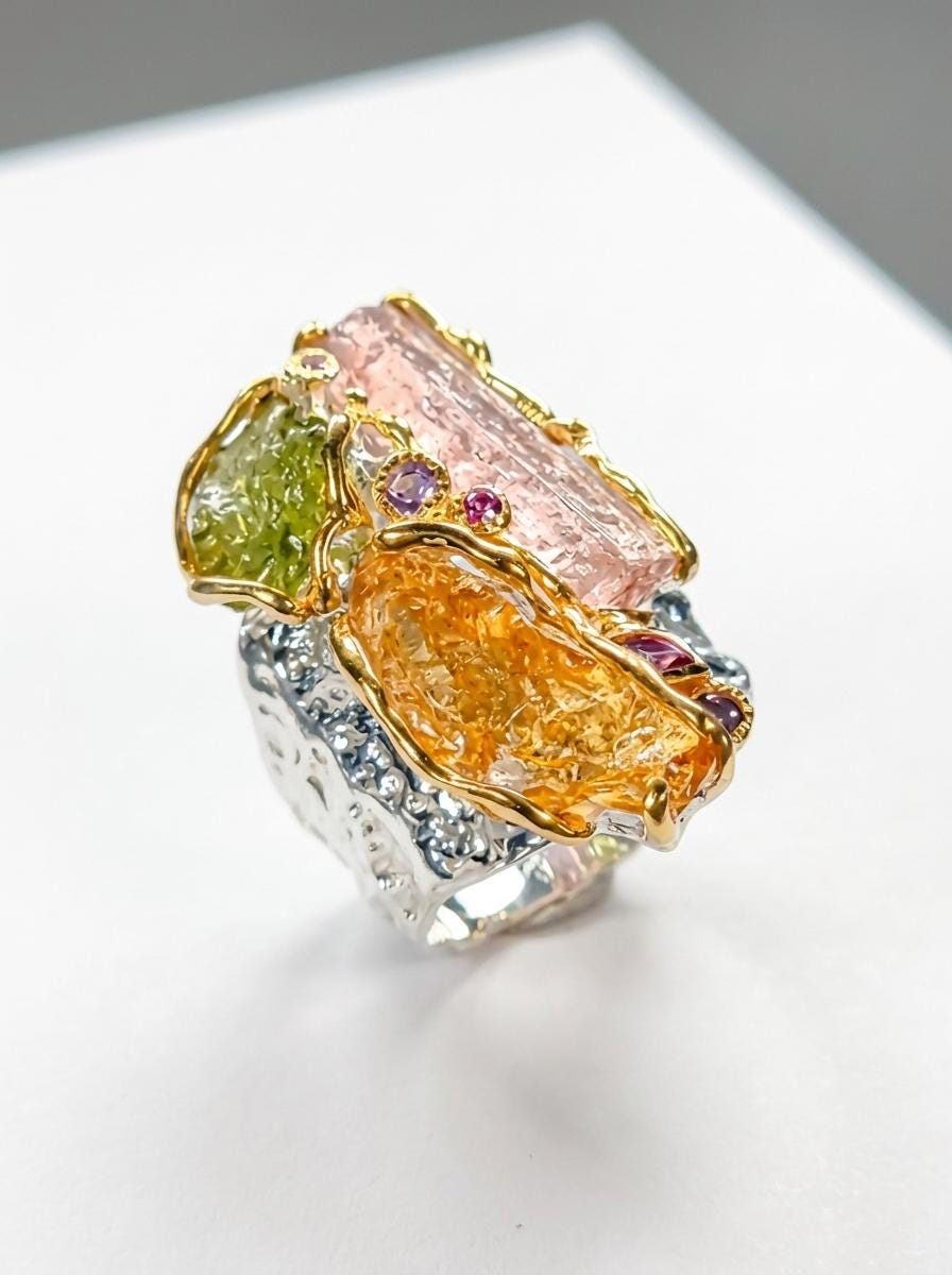 925 silver raw pink tourmaline ring, colorful rough gemstone organic wide band jewelry