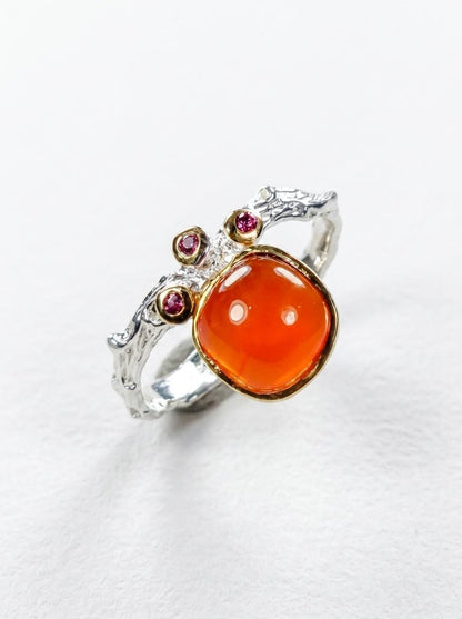 925 silver orange carnelian stackable ring, gemstone branch textured jewelry