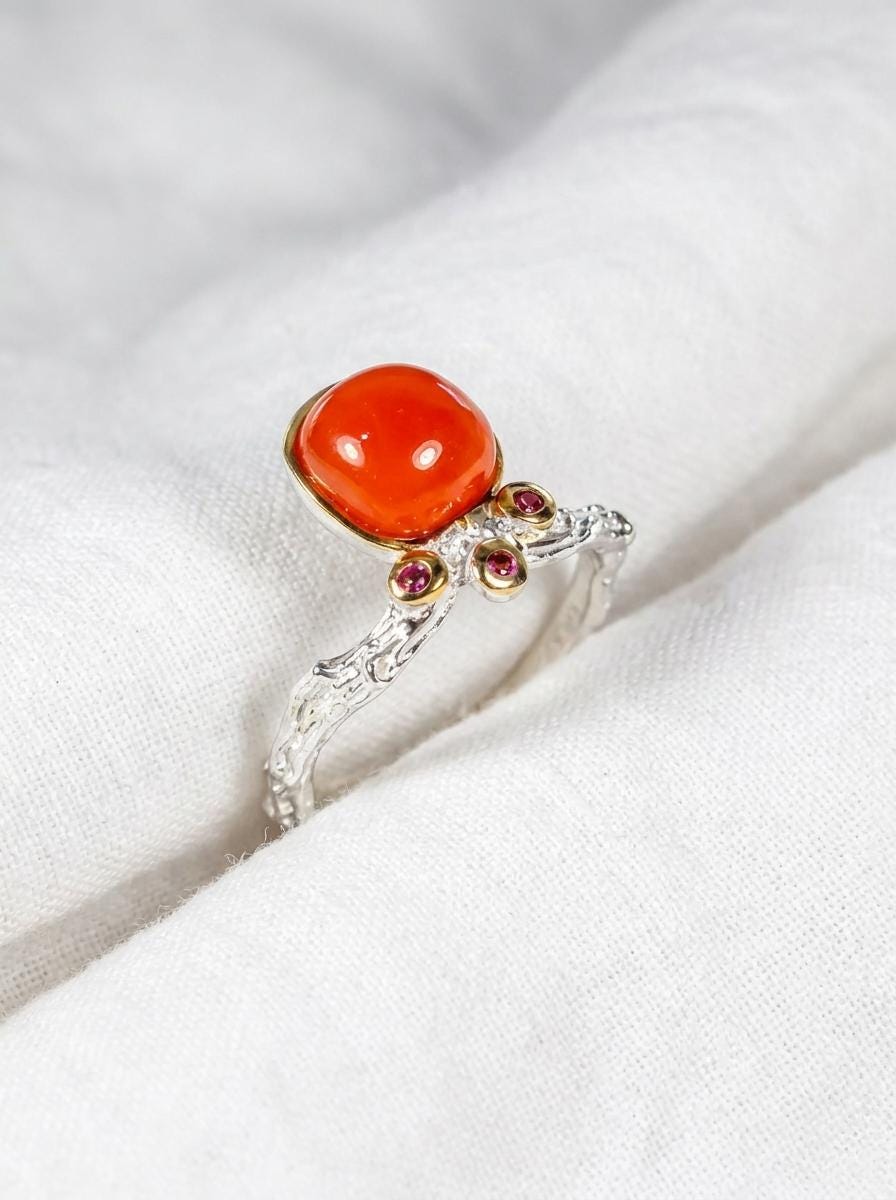 925 silver orange carnelian stackable ring, gemstone branch textured jewelry