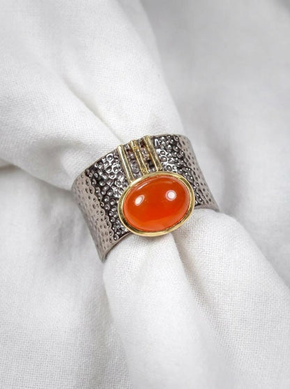925 silver orange carnelian stackable ring, gemstone wide banded textured jewelry