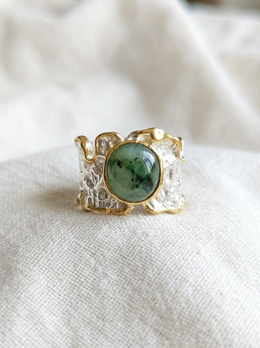 925 silver green jade ring, oval gemstone wide band organic texture jewelry