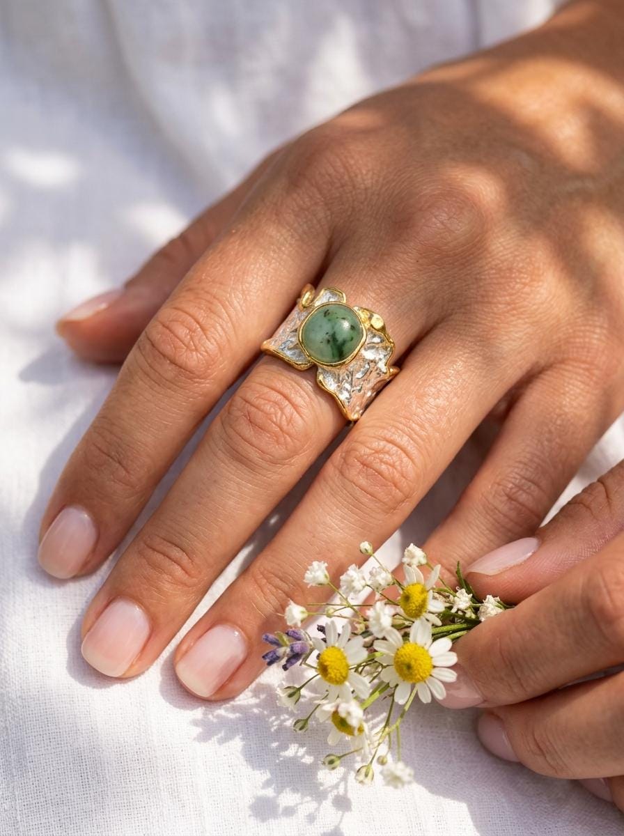 925 silver green jade ring, oval gemstone wide band organic texture jewelry
