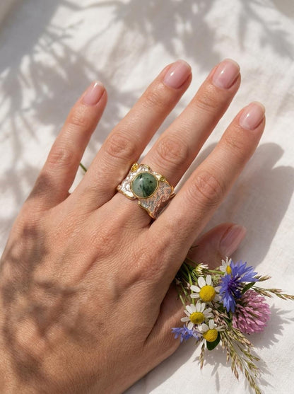 925 silver green jade ring, oval gemstone wide band organic texture jewelry