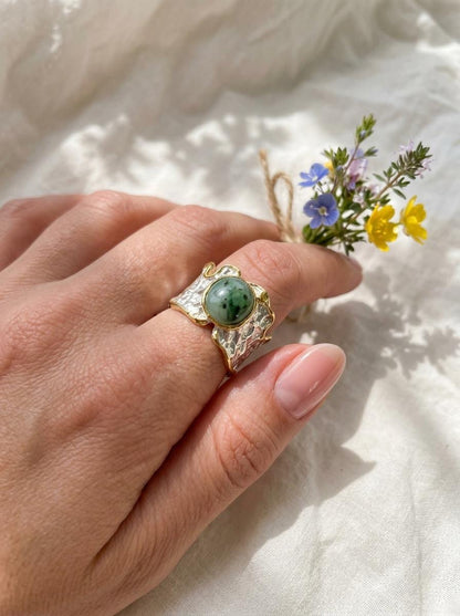 925 silver green jade ring, oval gemstone wide band organic texture jewelry