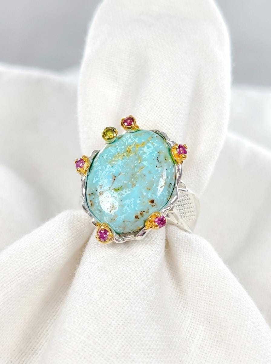 925 silver blue turquoise ring, oval gemstone wide band textured jewelry