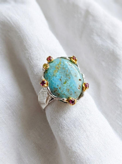 925 silver blue turquoise ring, oval gemstone wide band textured jewelry