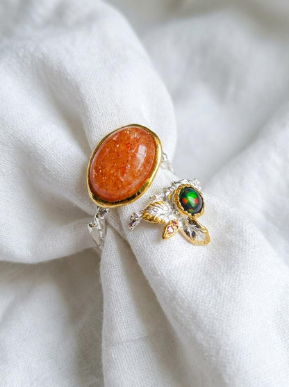 925 silver orange sunstone ring, oval gemstone branch nature jewelry