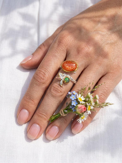 925 silver orange sunstone ring, oval gemstone branch nature jewelry
