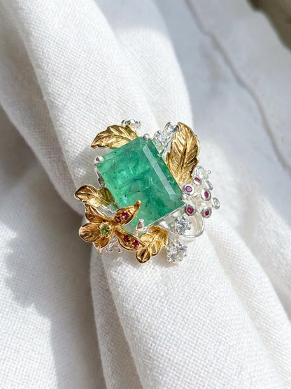925 silver green beryl ring, emerald gemstone nature inspired statement jewelry