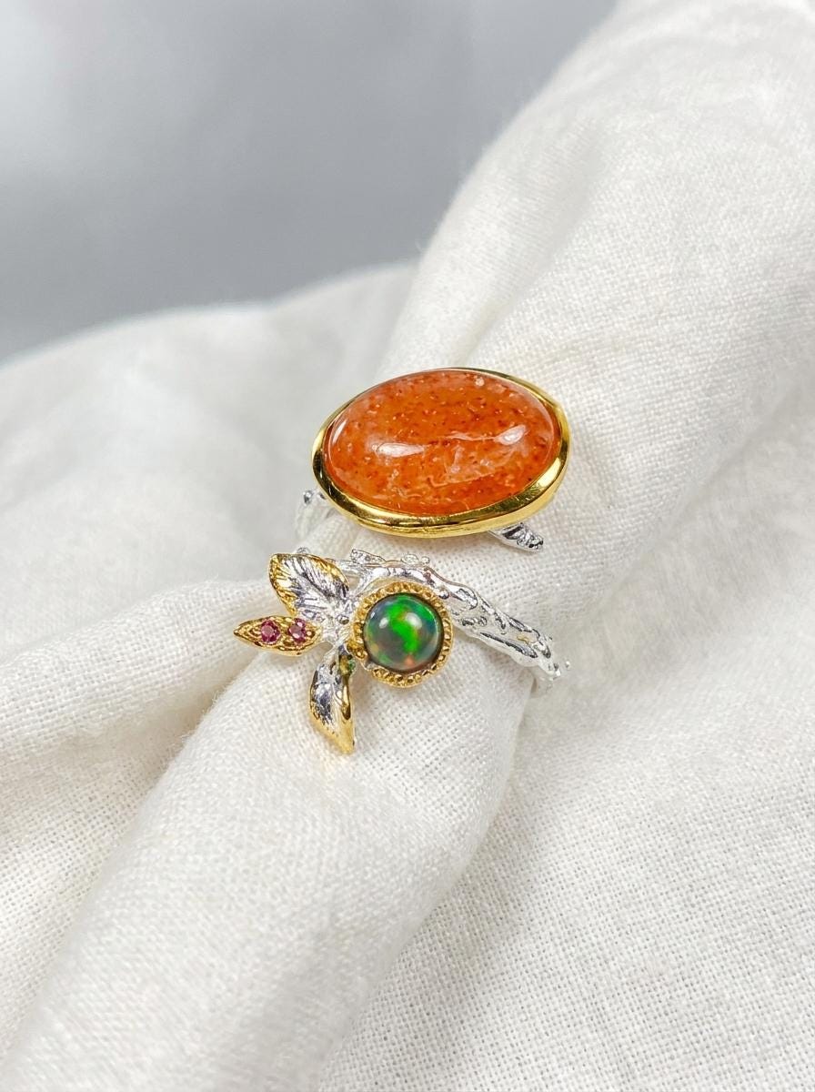 925 silver orange sunstone ring, oval gemstone branch nature jewelry