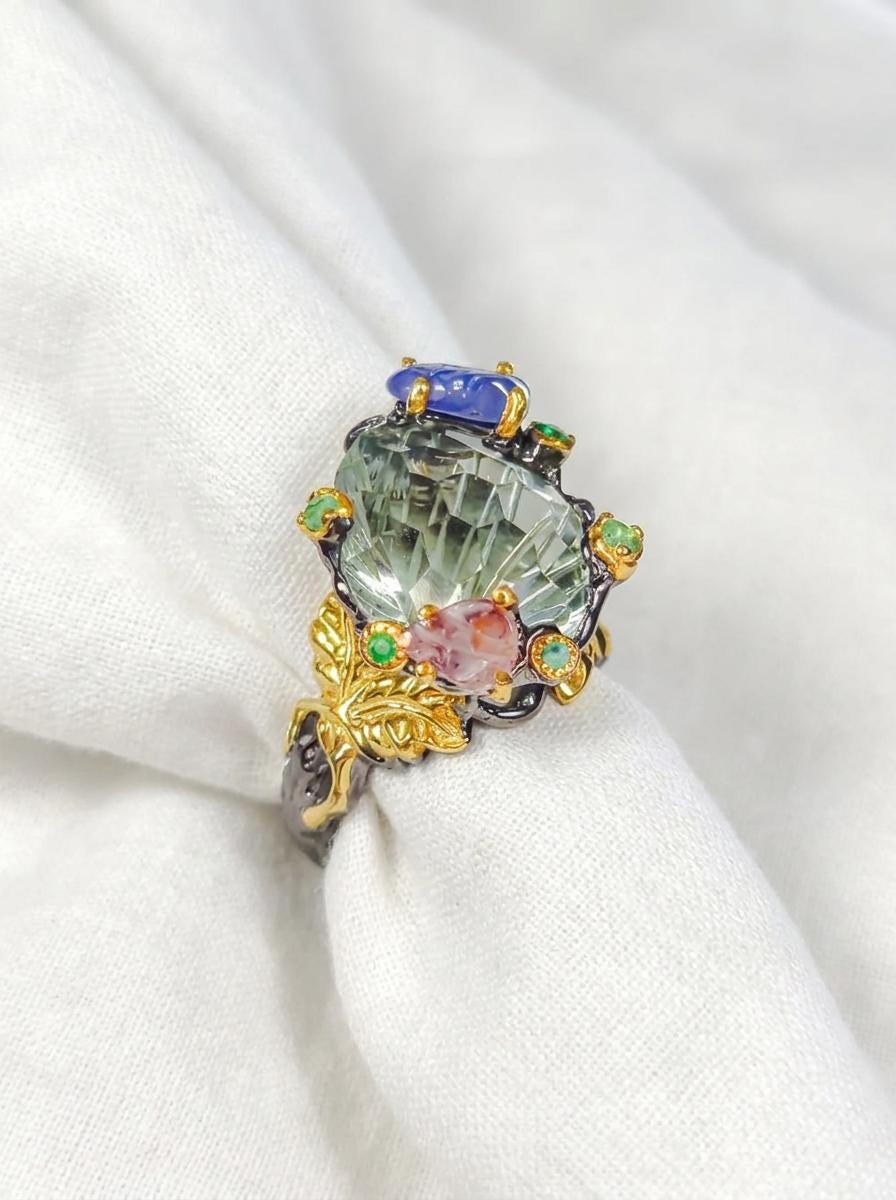 925 silver green amethyst ring, oval gemstone floral halo statement jewelry