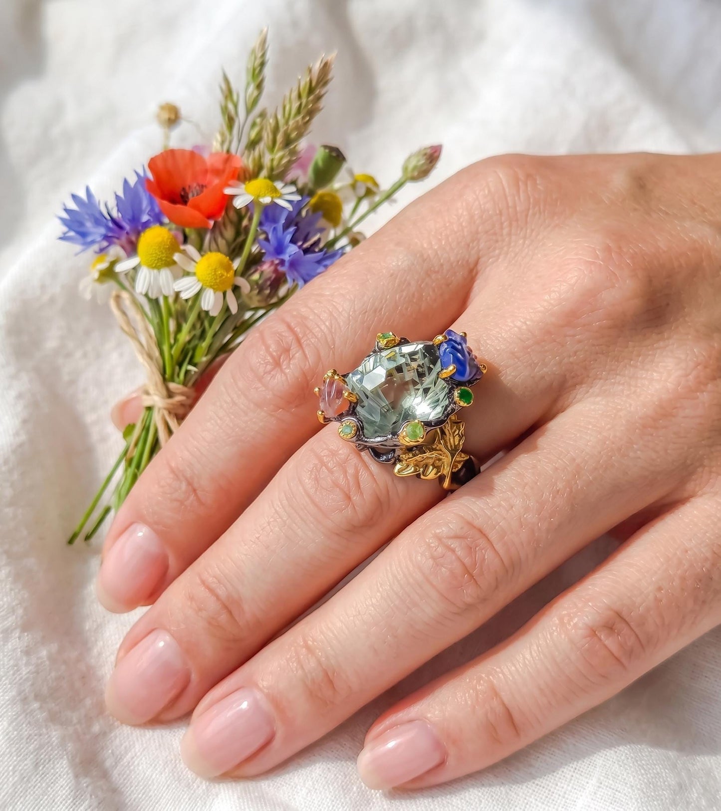 925 silver green amethyst ring, oval gemstone floral halo statement jewelry