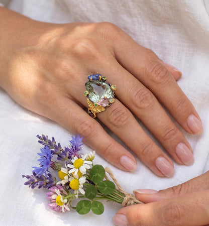 925 silver green amethyst ring, oval gemstone floral halo statement jewelry