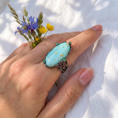 925 silver blue turquoise ring, oval gemstone branch statement jewelry