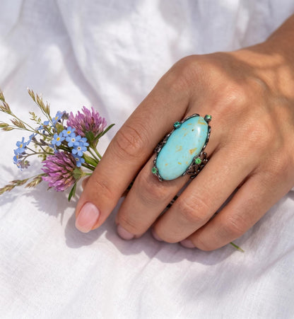 925 silver blue turquoise ring, oval gemstone branch statement jewelry