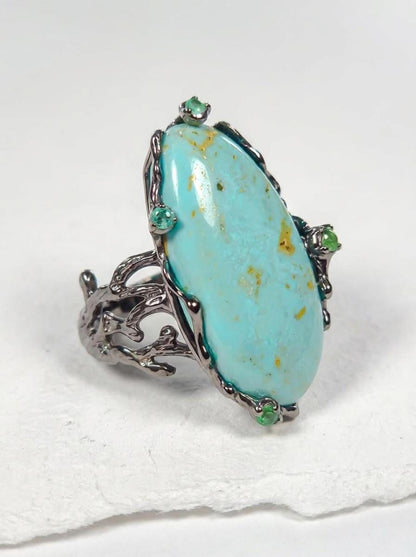 925 silver blue turquoise ring, oval gemstone branch statement jewelry