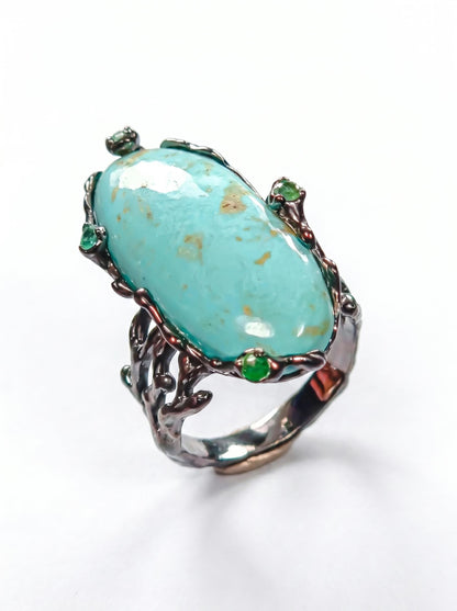 925 silver blue turquoise ring, oval gemstone branch statement jewelry