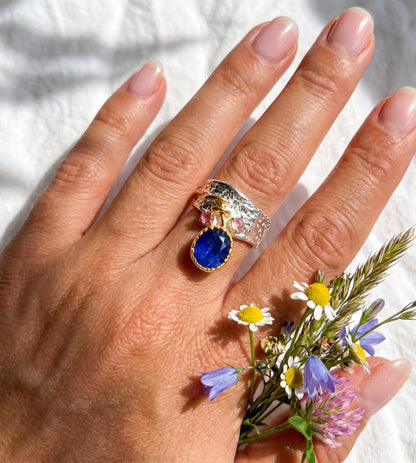 925 silver blue sapphire gemstone ring, statement organic textured wide band