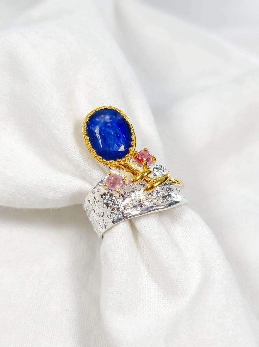 925 silver blue sapphire gemstone ring, statement organic textured wide band