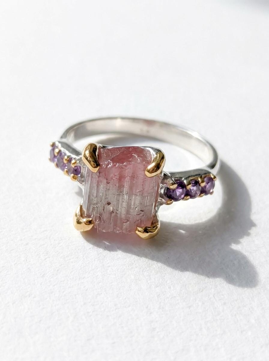 925 silver raw tourmaline ring, bi-color watermelon gemstone rough crystal jewelry