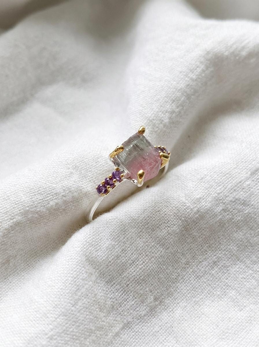 925 silver raw tourmaline ring, bi-color watermelon gemstone rough crystal jewelry