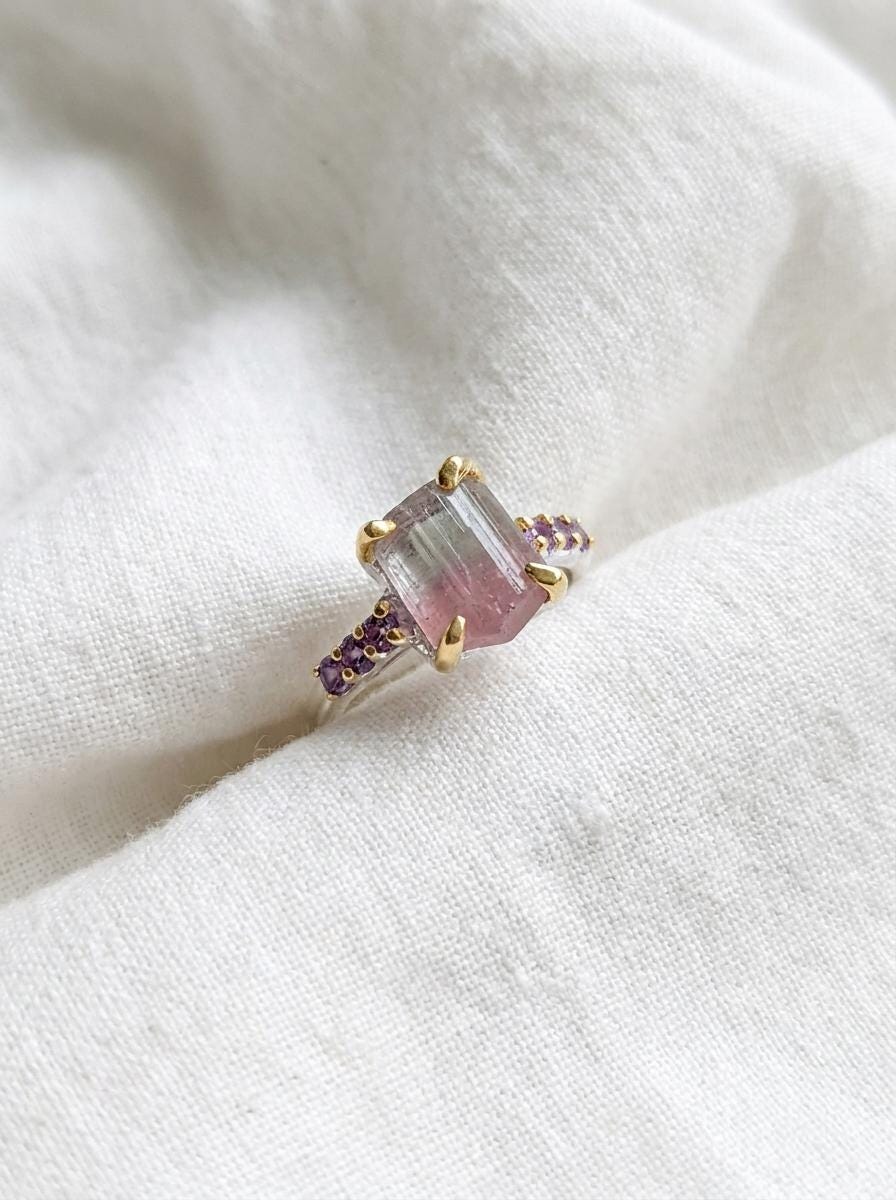 925 silver raw tourmaline ring, bi-color watermelon gemstone rough crystal jewelry