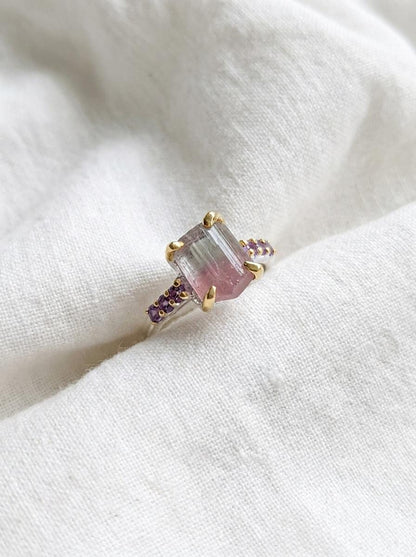 925 silver raw tourmaline ring, bi-color watermelon gemstone rough crystal jewelry
