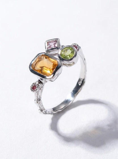 925 silver citrine cluster ring, geometric yellow green gemstone branch unique jewelry
