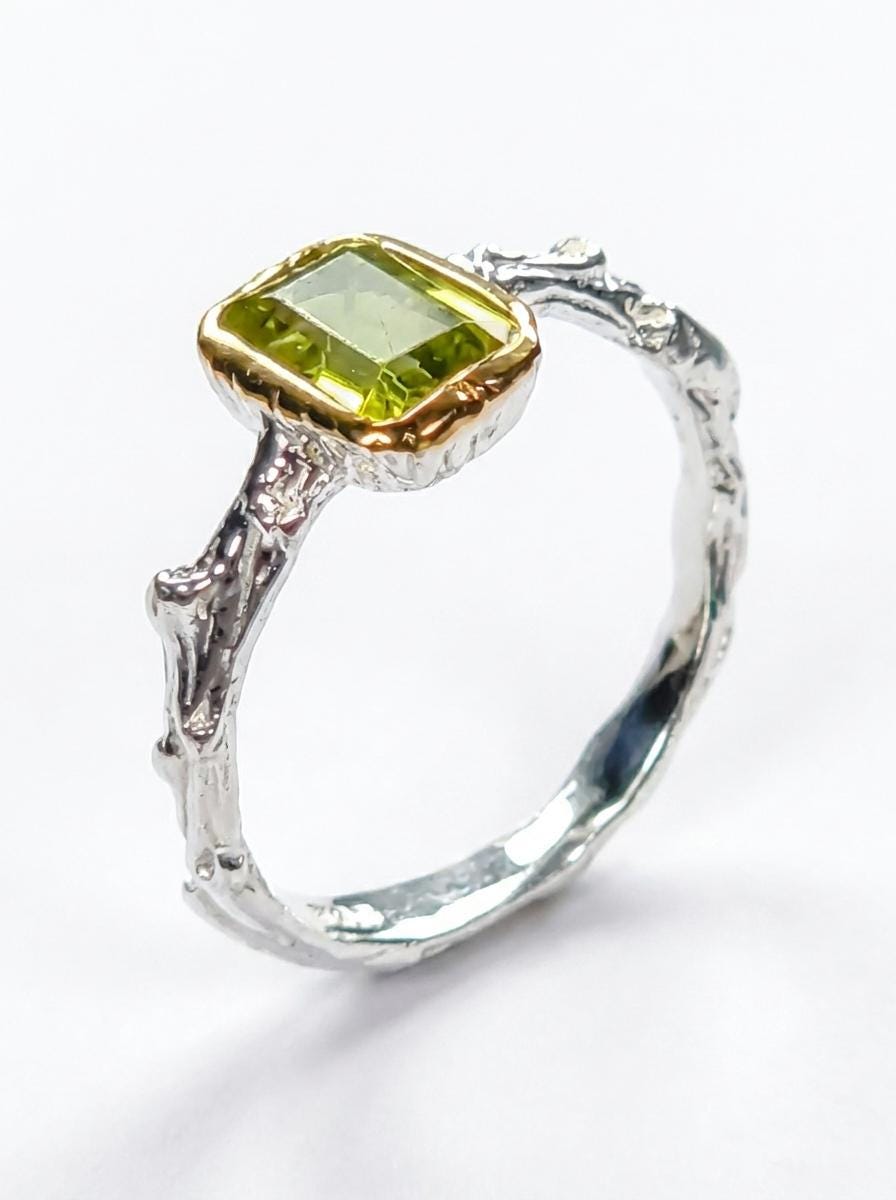 925 silver peridot solitaire ring, geometric green gemstone branch unique jewelry