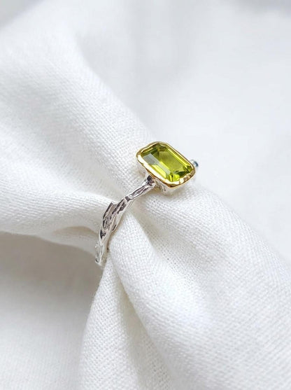 925 silver peridot solitaire ring, geometric green gemstone branch unique jewelry