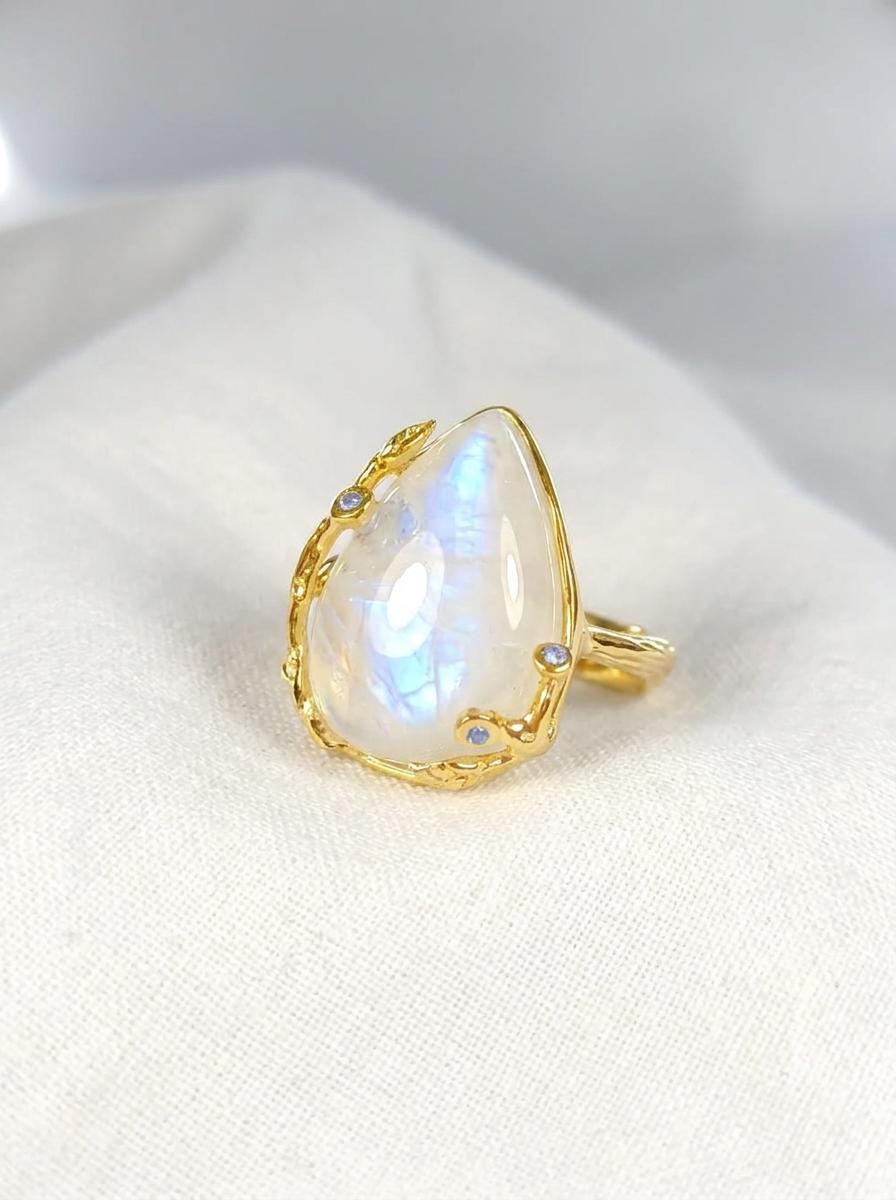 925 silver moonstone ring, teardrop gemstone nature branch statement jewelry