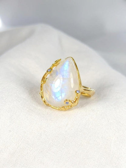 925 silver moonstone ring, teardrop gemstone nature branch statement jewelry