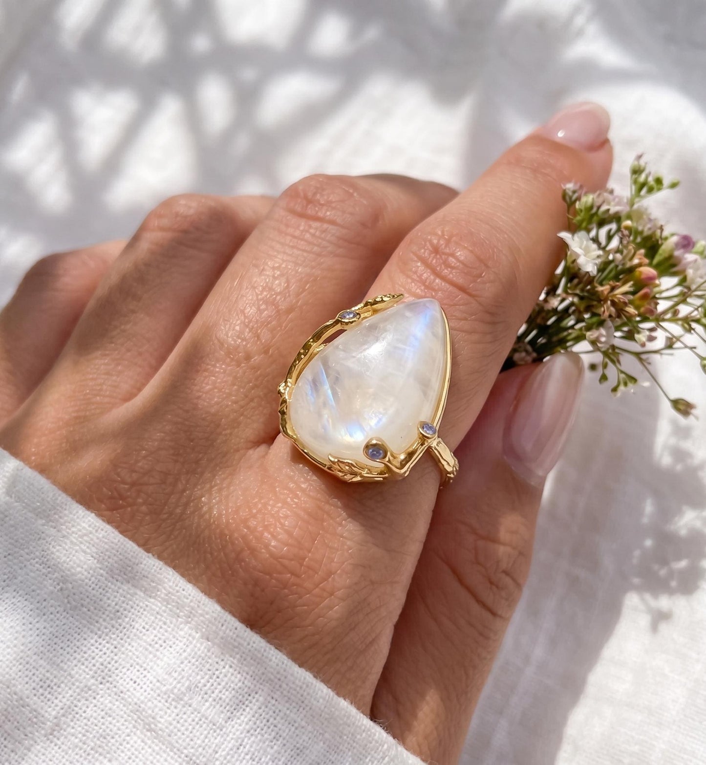 925 silver moonstone ring, teardrop gemstone nature branch statement jewelry