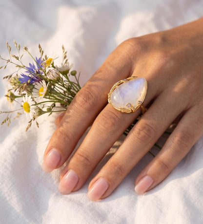 925 silver moonstone ring, teardrop gemstone nature branch statement jewelry