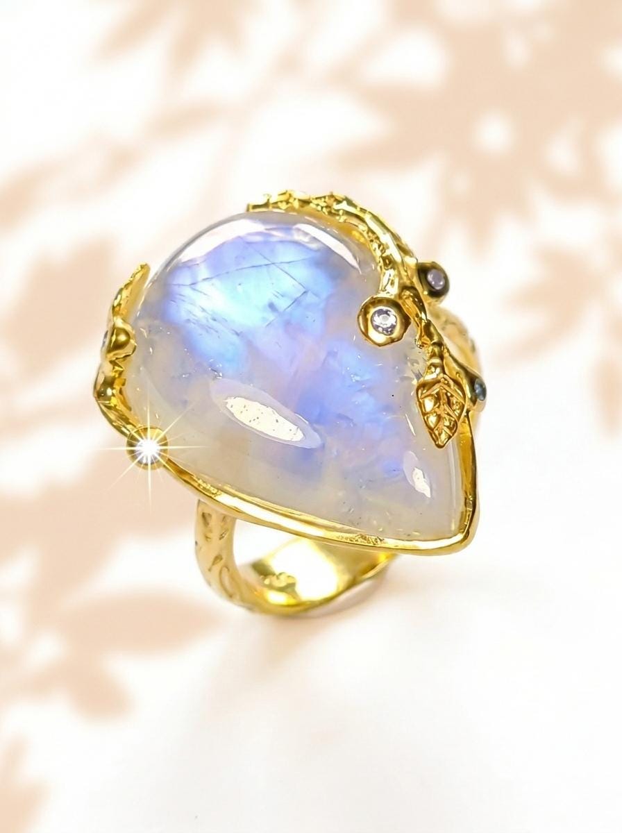 925 silver moonstone ring, teardrop gemstone nature branch statement jewelry