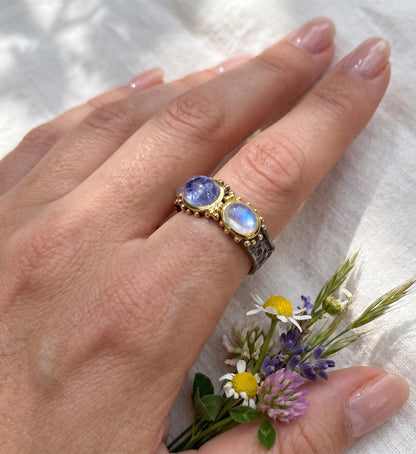 925 silver moonstone ring, three stone cluster gemstone statement jewelry