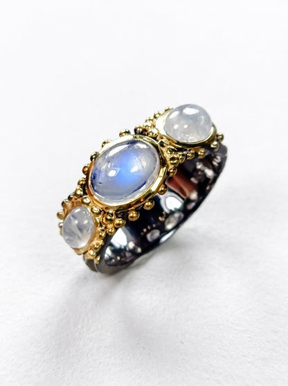 925 silver moonstone ring, three stone cluster gemstone statement jewelry